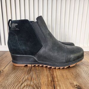 Sorel Evie Pull-On Hidden Wedge Chelsea Boots Womens Size 9 Black Leather Ankle